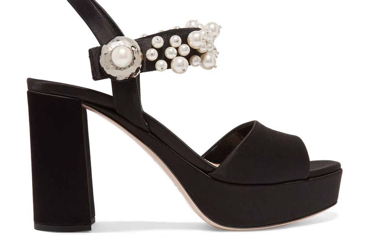 Faux Pearl-Embellished Satin Platform Sandals