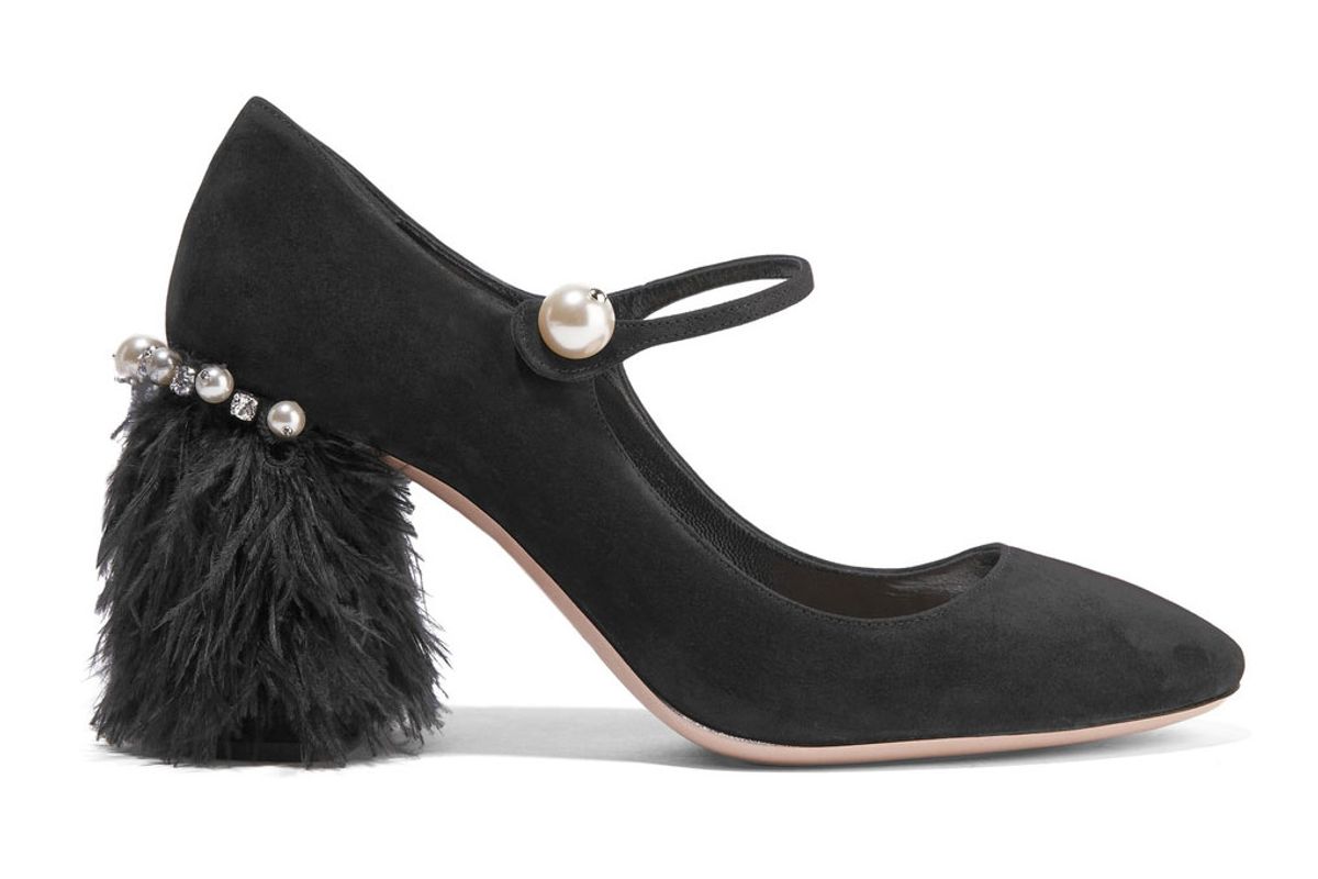 Feather-Trimmed Embellished Suede Mary Jane Pumps