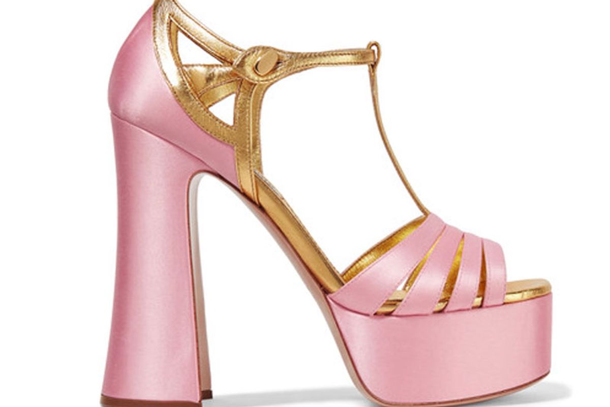 Metallic Leather-Trimmed Satin Platform Sandals