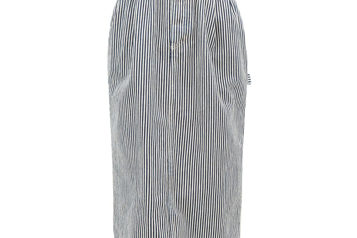 miu miu paperbag waist logo patch striped denim skirt