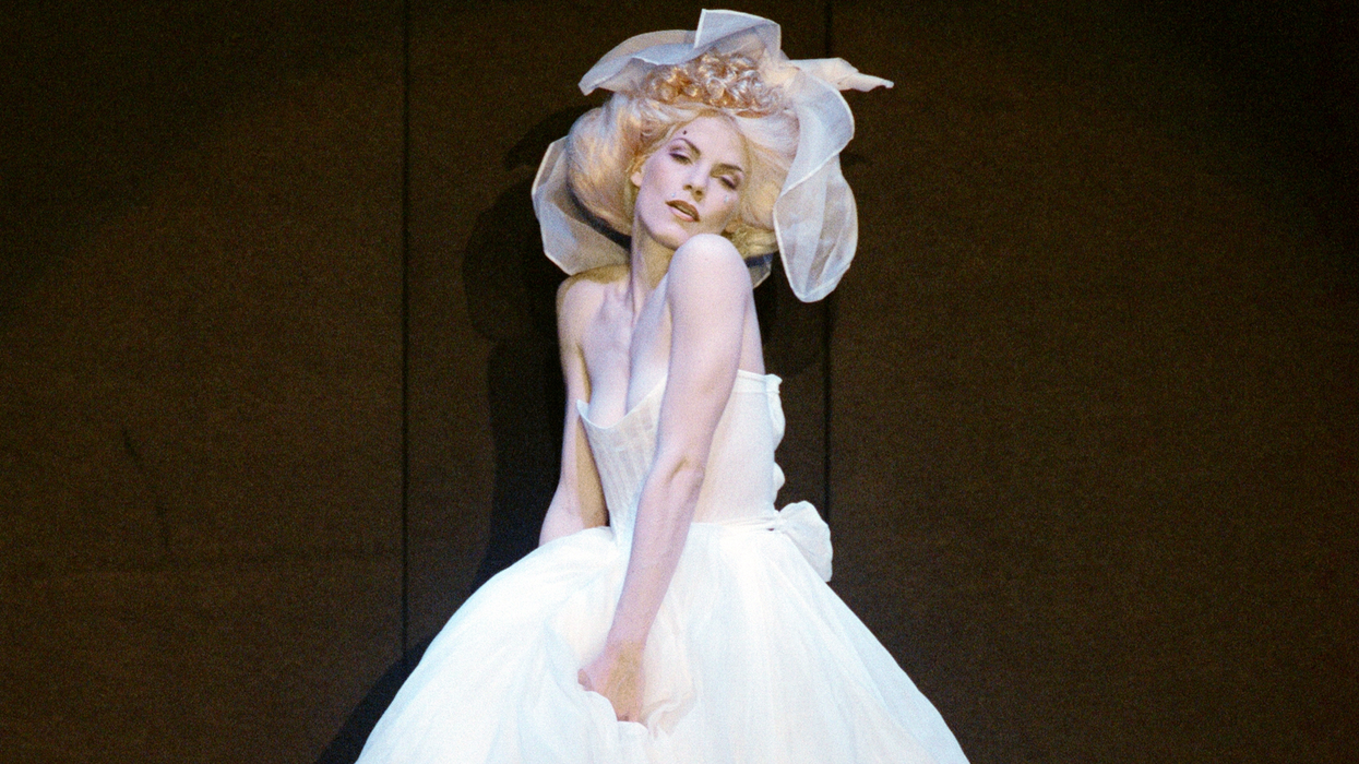 Model Sara Stockbridge pictured on the catwalk during Vivienne Westwood fashion show at London Fashion Week.