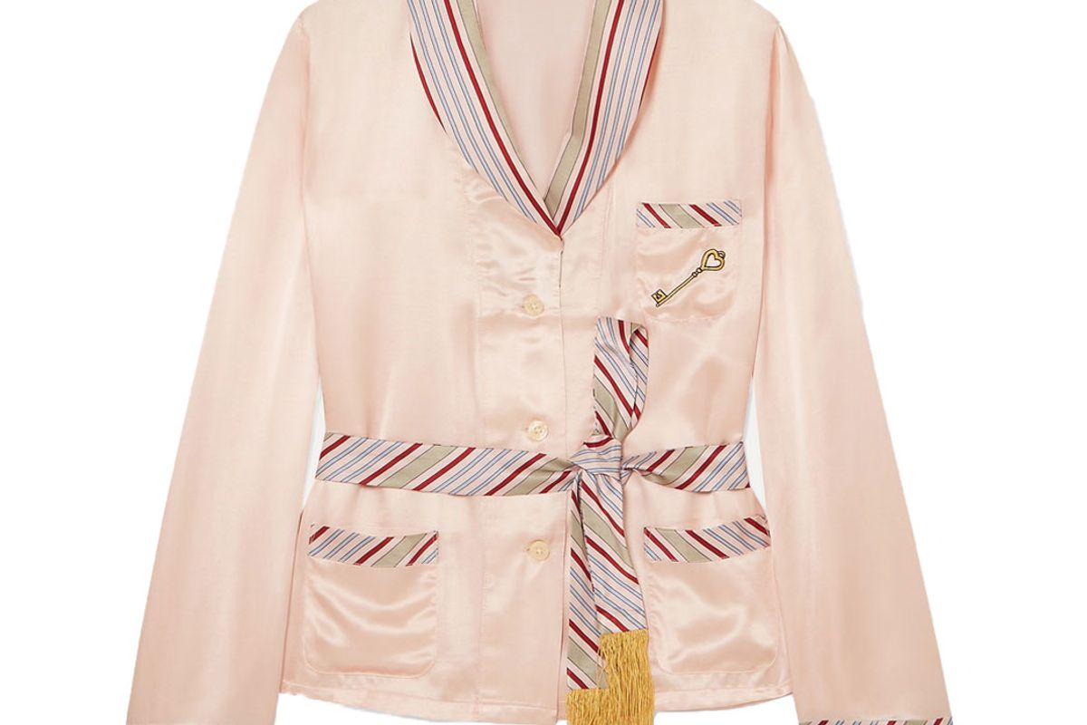 morgan lane eloise stripe trim tie waist silk satin blouse