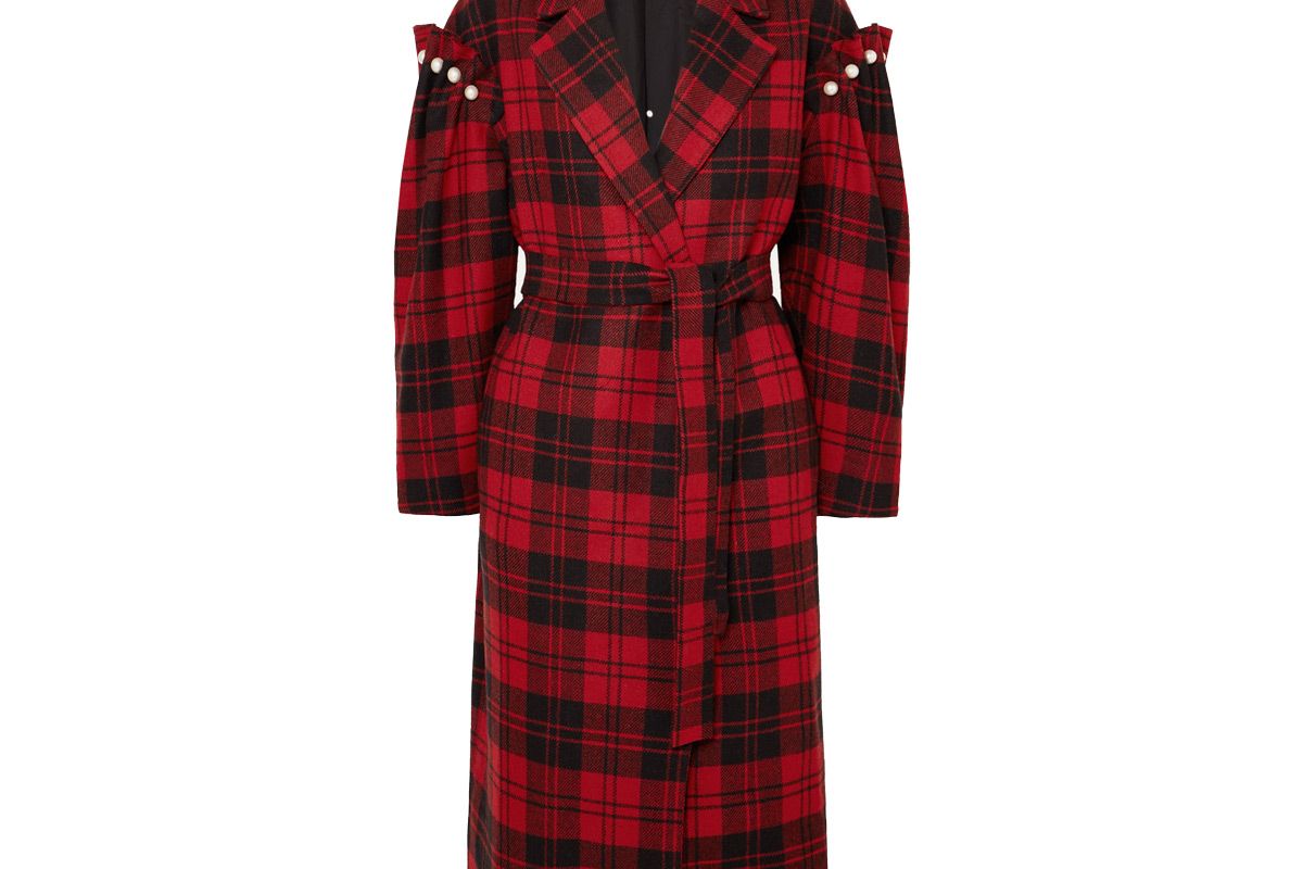mother of pearl net sustain webb belted faux pearl embellished checked wool coat
