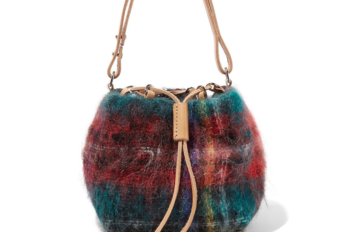 Fugu Leather-Trimmed Tartan Mohair-Blend Bucket Bag