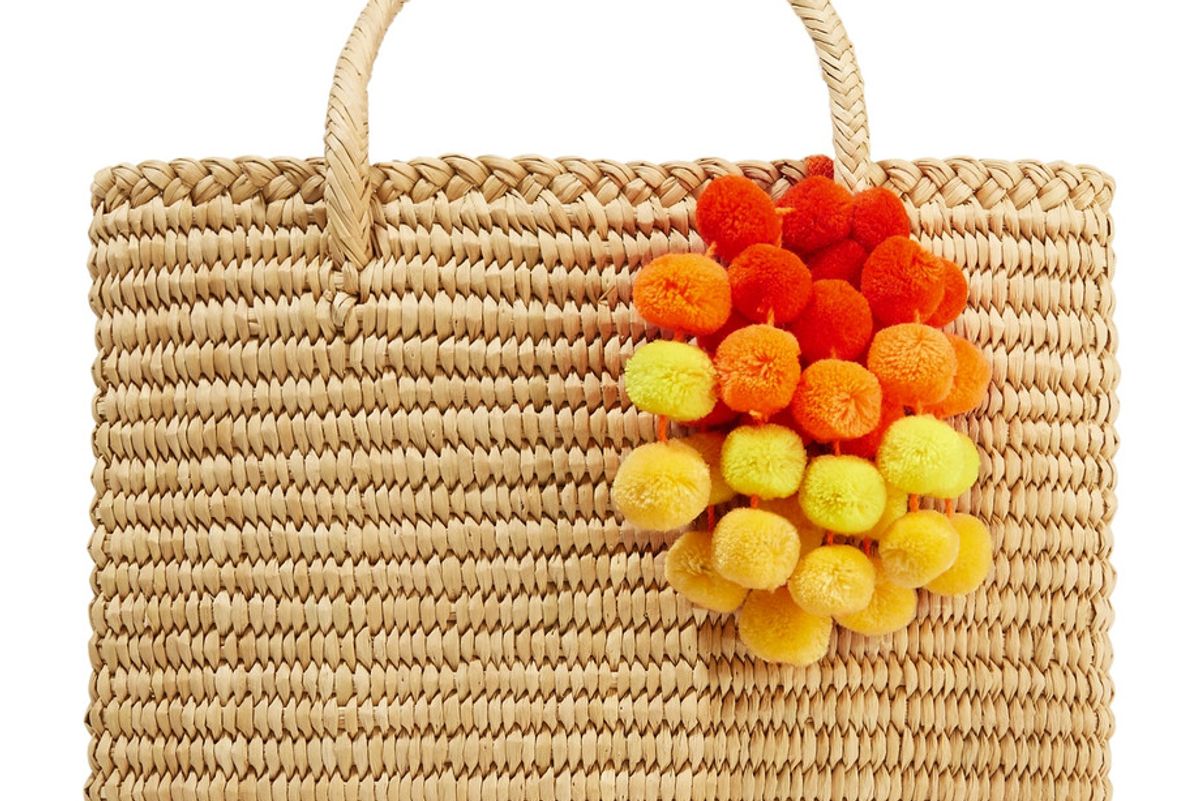 Maldives Medium Pompom-Embellished Woven Raffia Tote