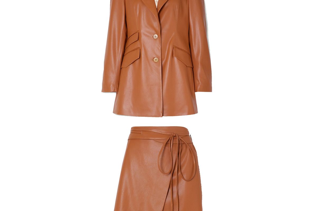 nanushka cancun vegan leather blazer and nanushka sekoya vegan leather wrap mini skirt