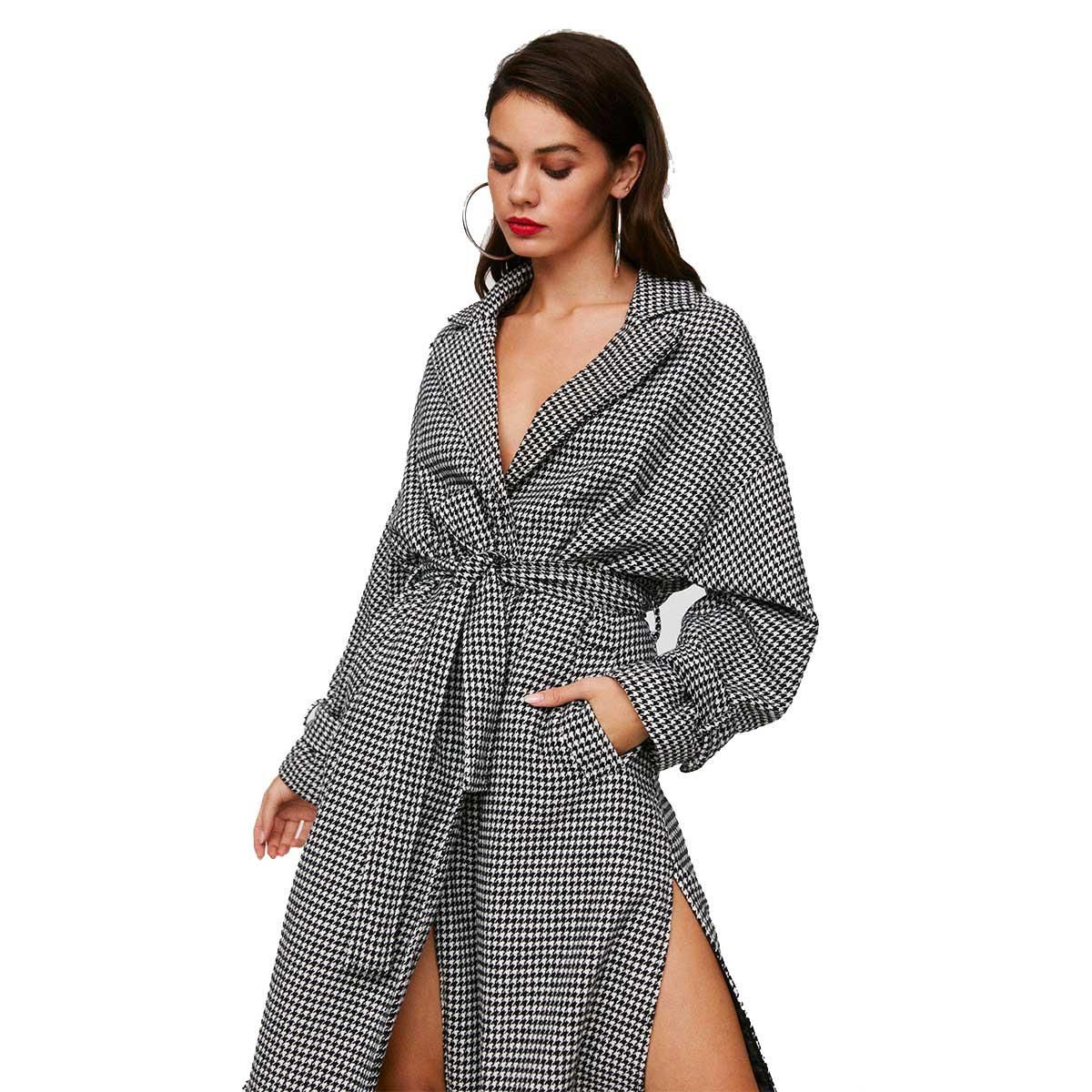 nasty gal houndstooth belted split side longline coat