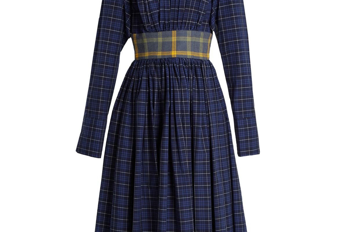 Plaid Gathered Cotton Midi Dress