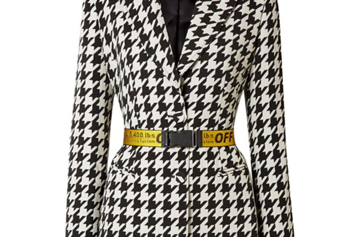 off white canvas jacquard trimmed houndstooth wool blend blazer