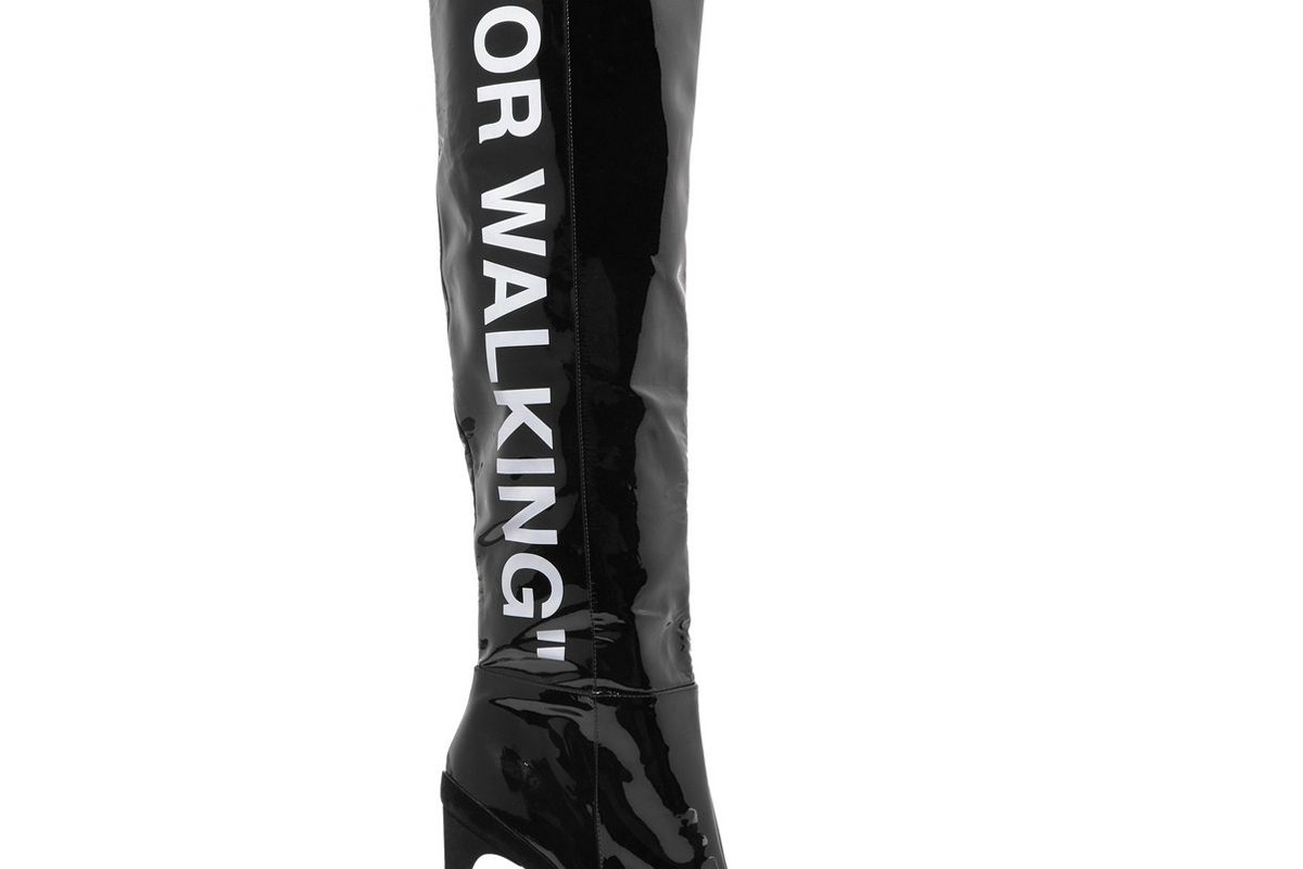 off white printed patent leather knee boots