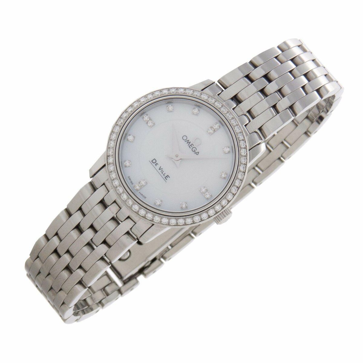 omega deville mop diamonds stainless swiss quartz ladies fine watch