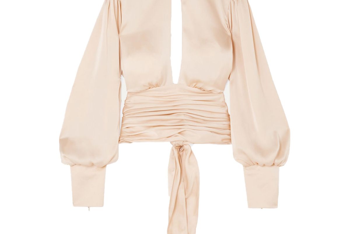 orseund iris night out open back ruched satin blouse