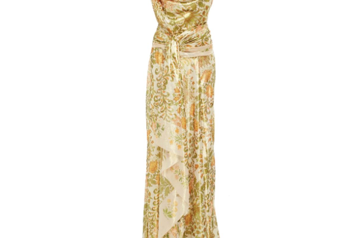 oscar de la renta draped printed silk blend lame dress