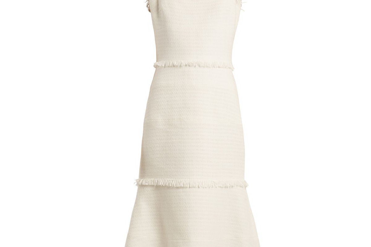 oscar de la renta fringe trimmed sleeveless tweed dress