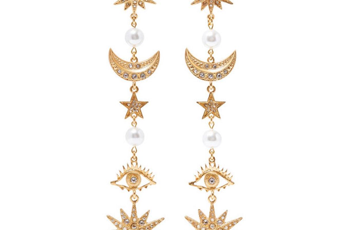 oscar de la renta gold-tone, crystal and faux pearl clip earrings