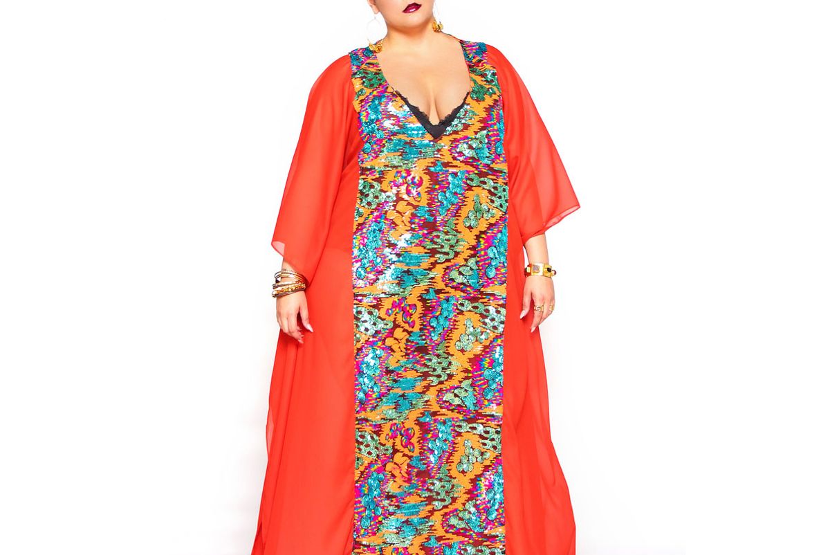 Orange Sequin Embellished Maxi Kaftan