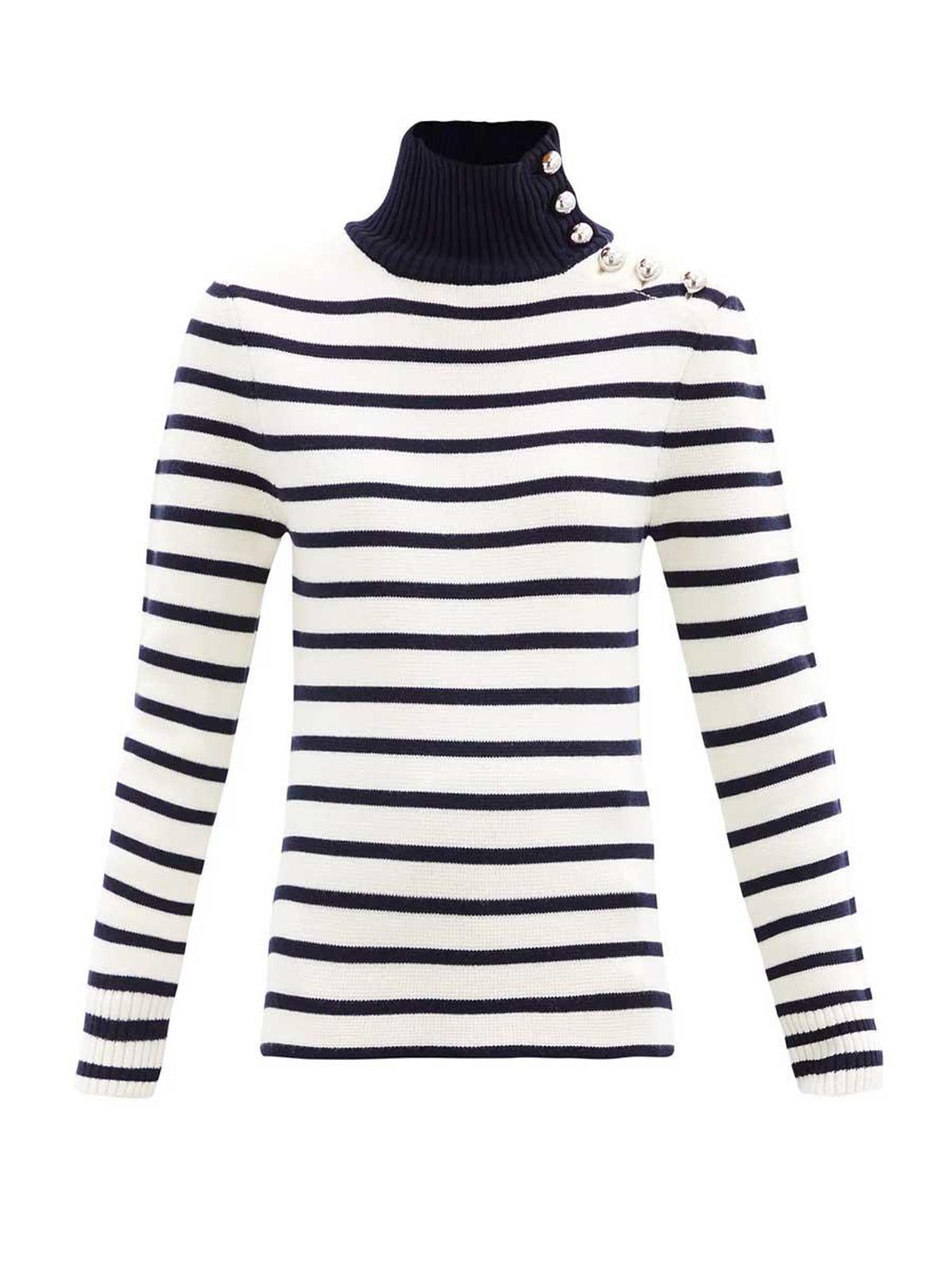 paco rabanne button embellished striped virgin wool sweater