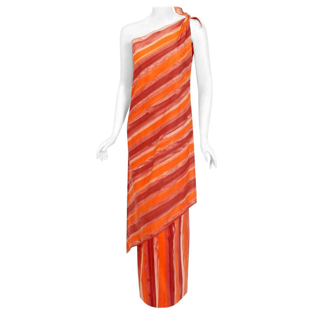 paco rabanne vintage 1970s striped cotton one shoulder asymmetric dress set
