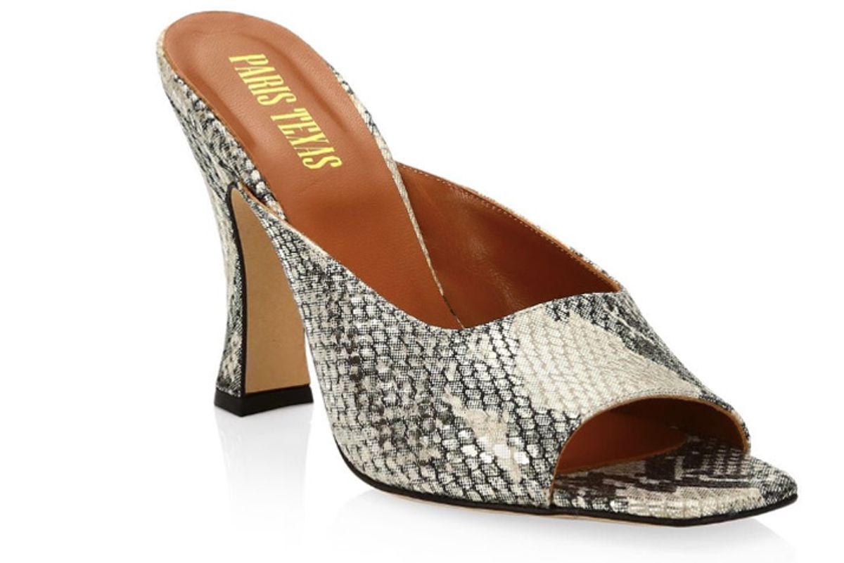 paris texas lame python print leather square toe mules