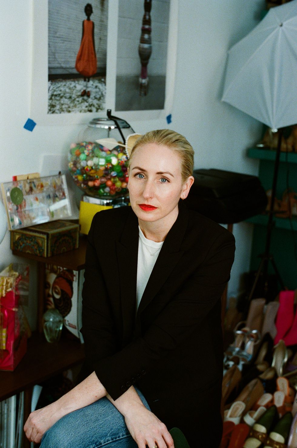 Photo of Erica Cloud Wearing Black Saint Laurent Blazer, White Hanes Tee and Vintage Levi Jeans