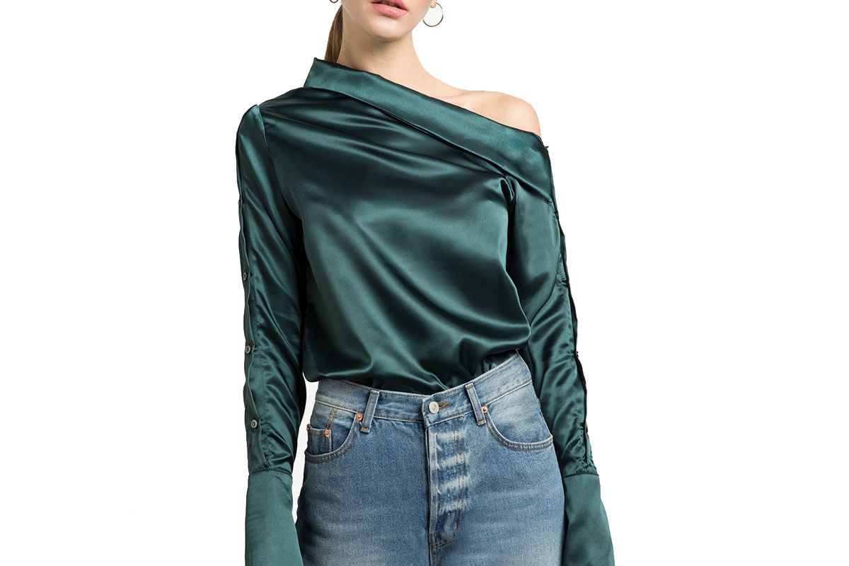 Green Satin Button One Shoulder Shirt