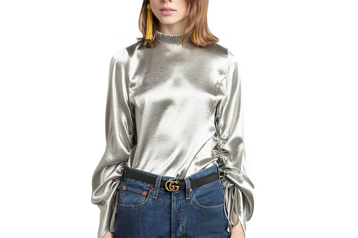 Silver Satin Ruched Sleeve Top
