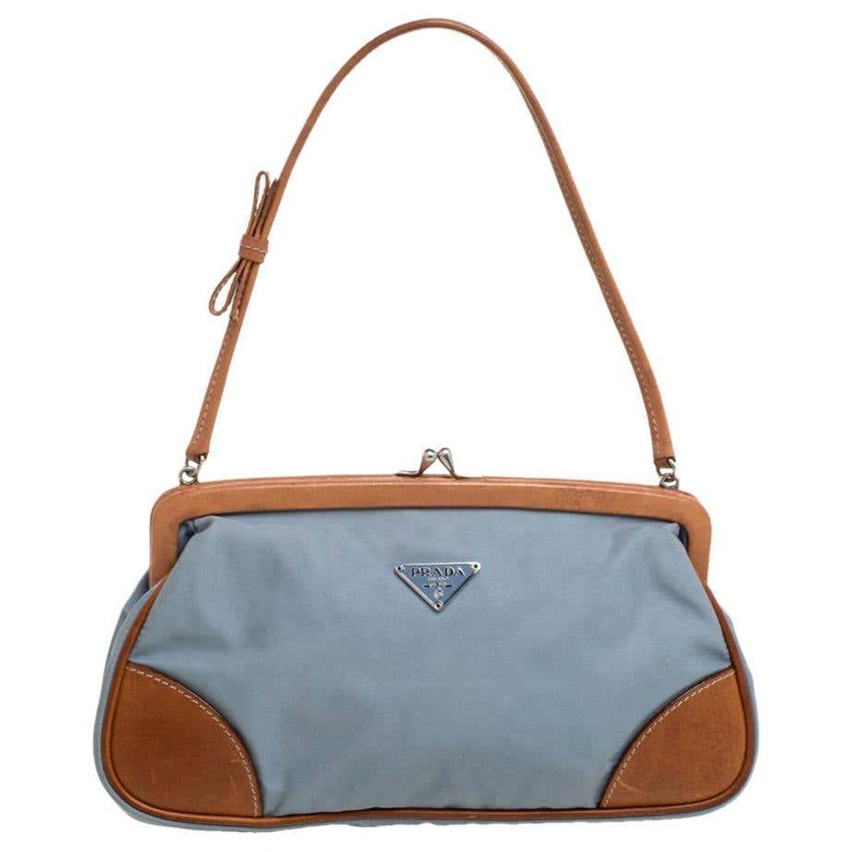 prada blue brown nylon and leather frame pochette bag