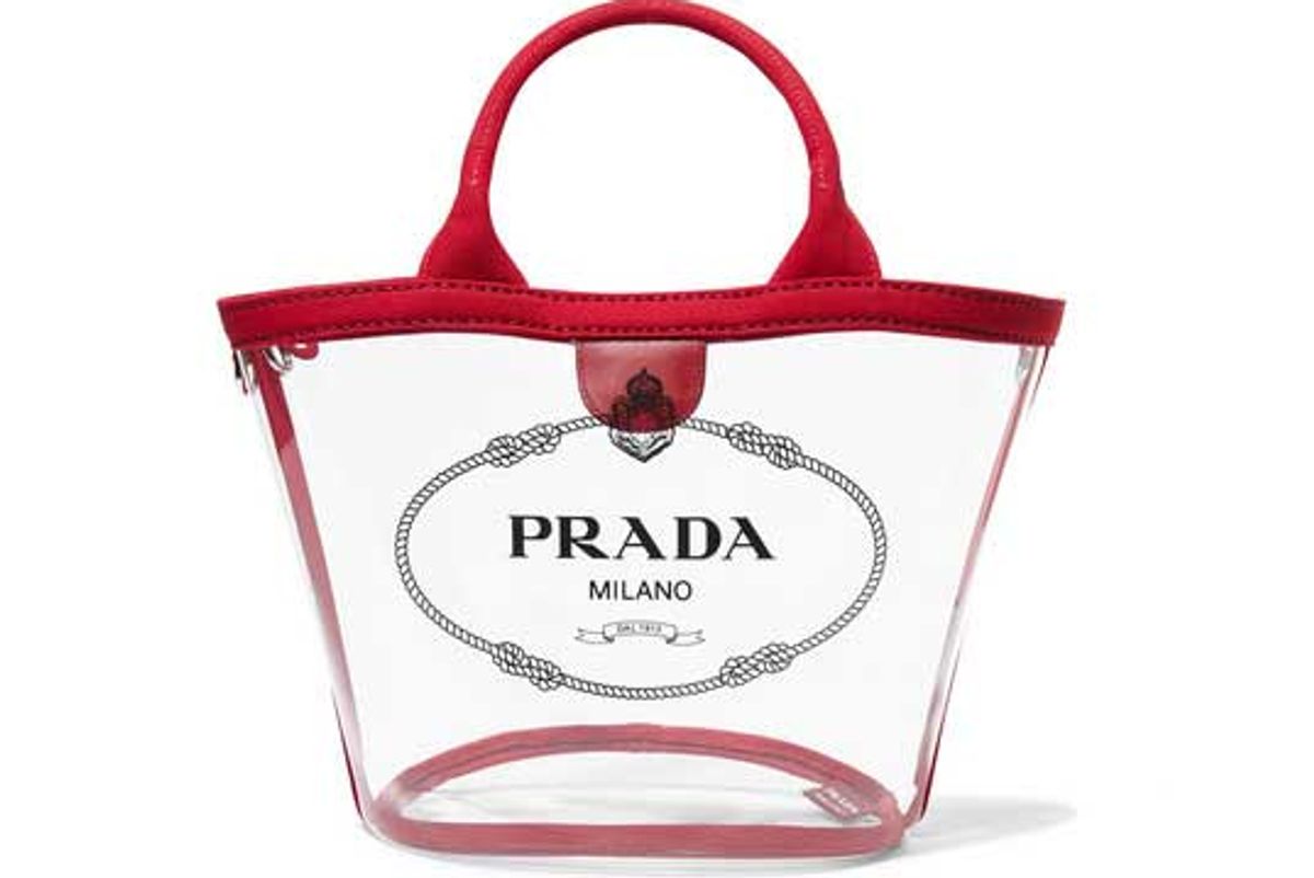 prada canvas trimmed logo print pvc tote