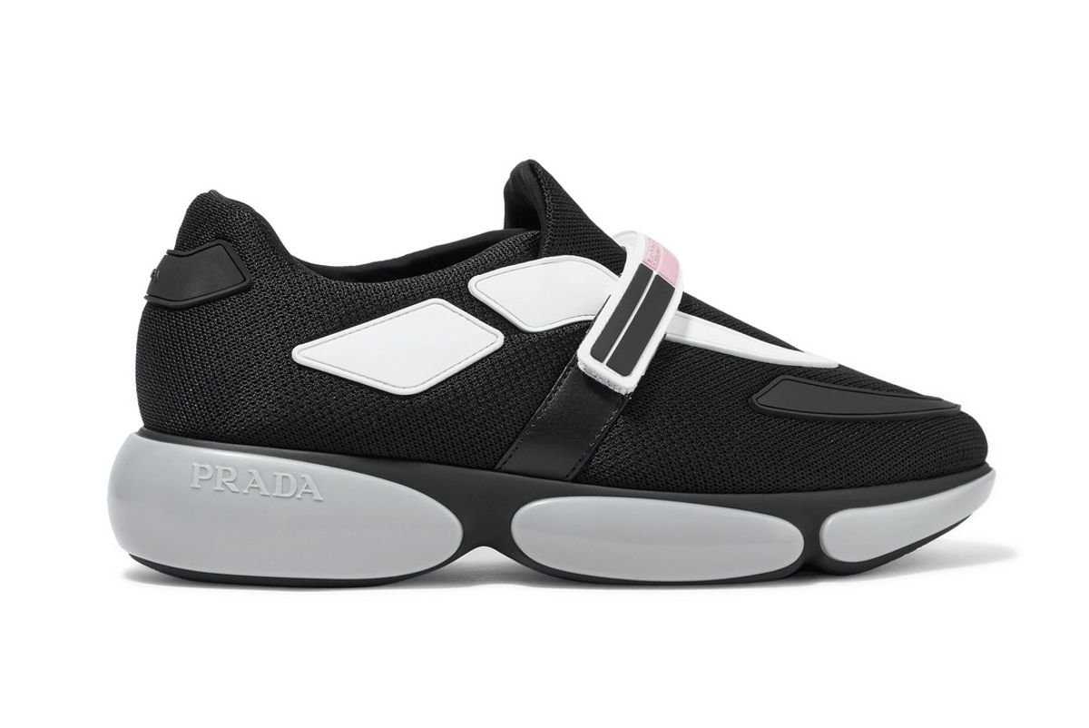 prada cloudbust logo print rubber and leather trimmed mesh sneakers