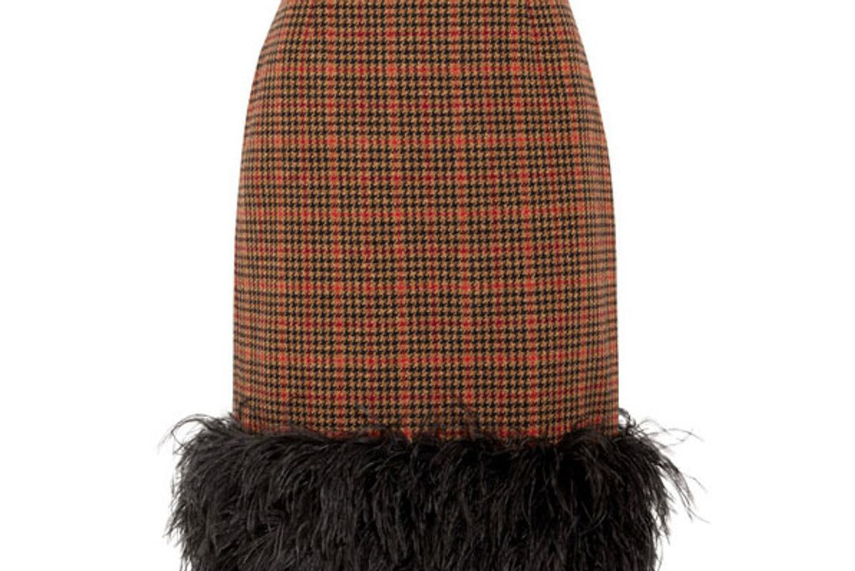 Feather-trimmed checked wool-blend tweed skirt