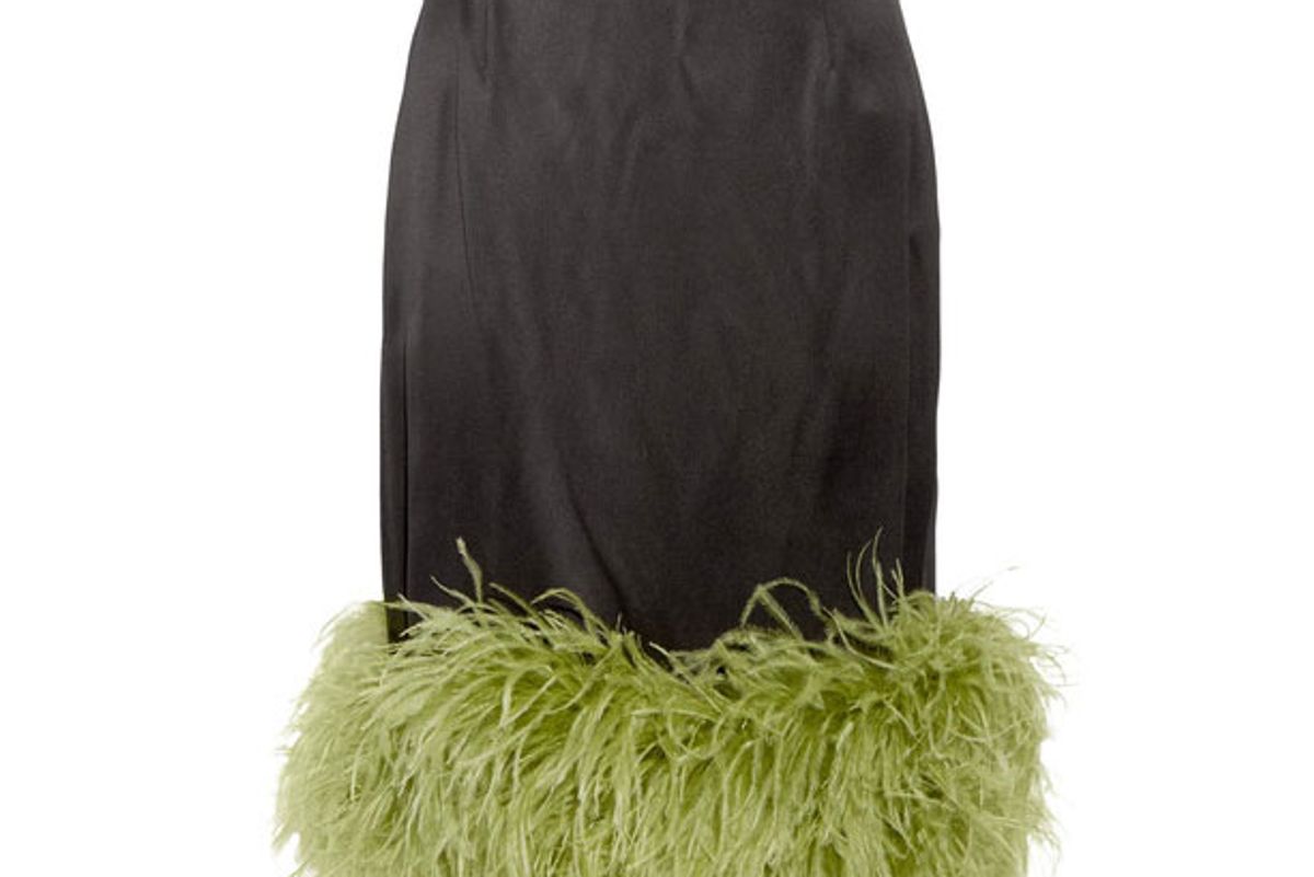 Feather-trimmed satin midi skirt