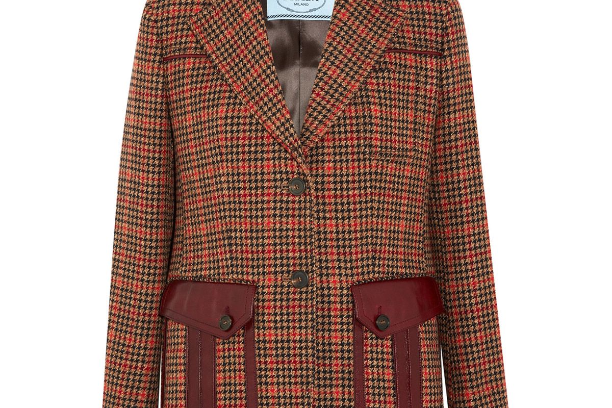Leather-trimmed checked wool-blend tweed blazer