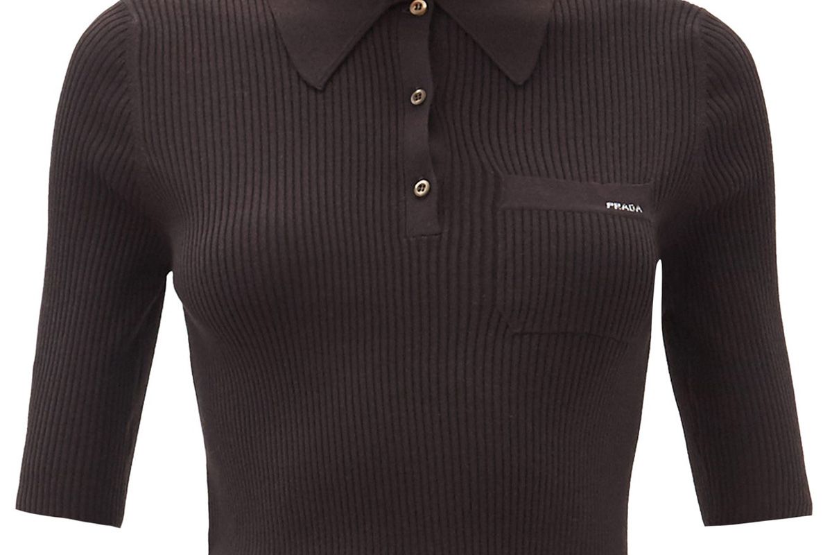 prada logo jacquard ribbed wool blend polo top