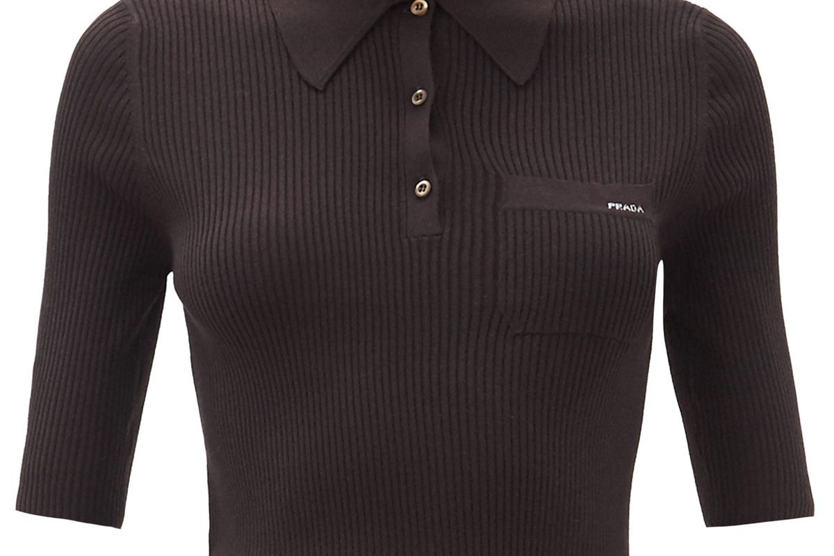 prada logo jacquard ribbed wool blend polo top