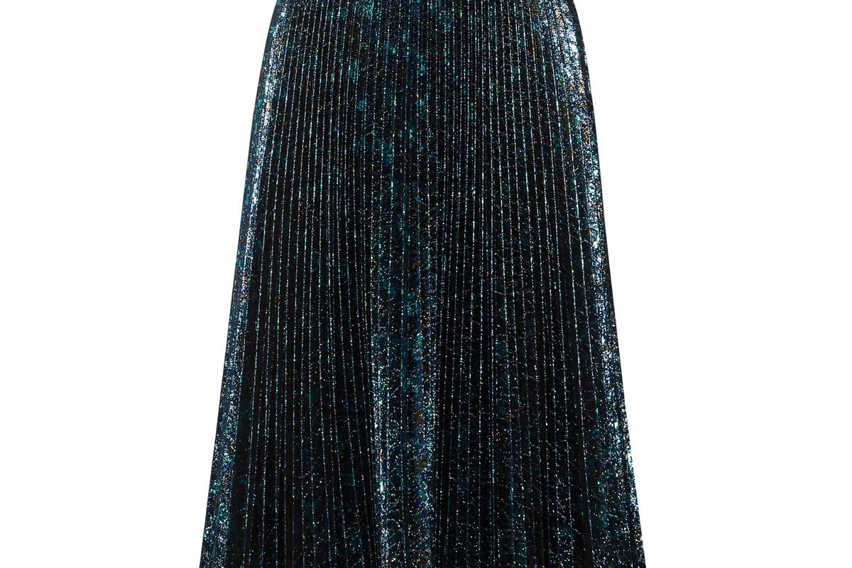 Pleated Metallic Jacquard Midi Skirt