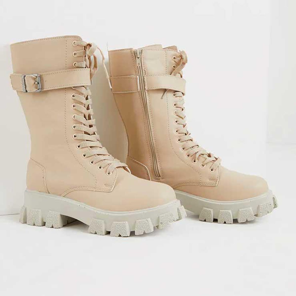 pretty little things beige lace up buckle trim cleated sole calf boots