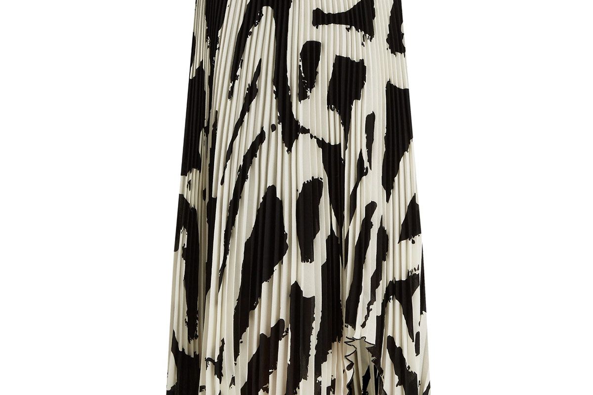 Graphic-Print Cut-Out Hem Pleated-Crepe Midi Skirt