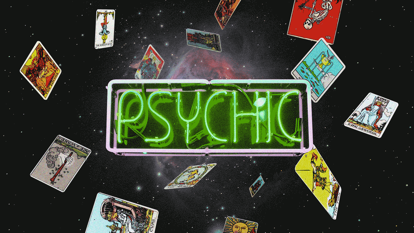 Psychic Neon Sign with Tarot Cards Around It Against a Space Background