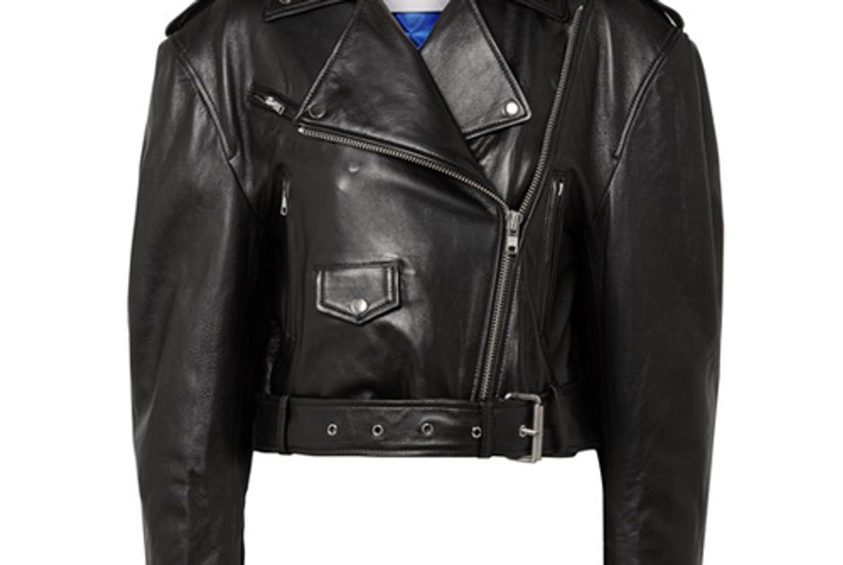 push button leather biker jacket