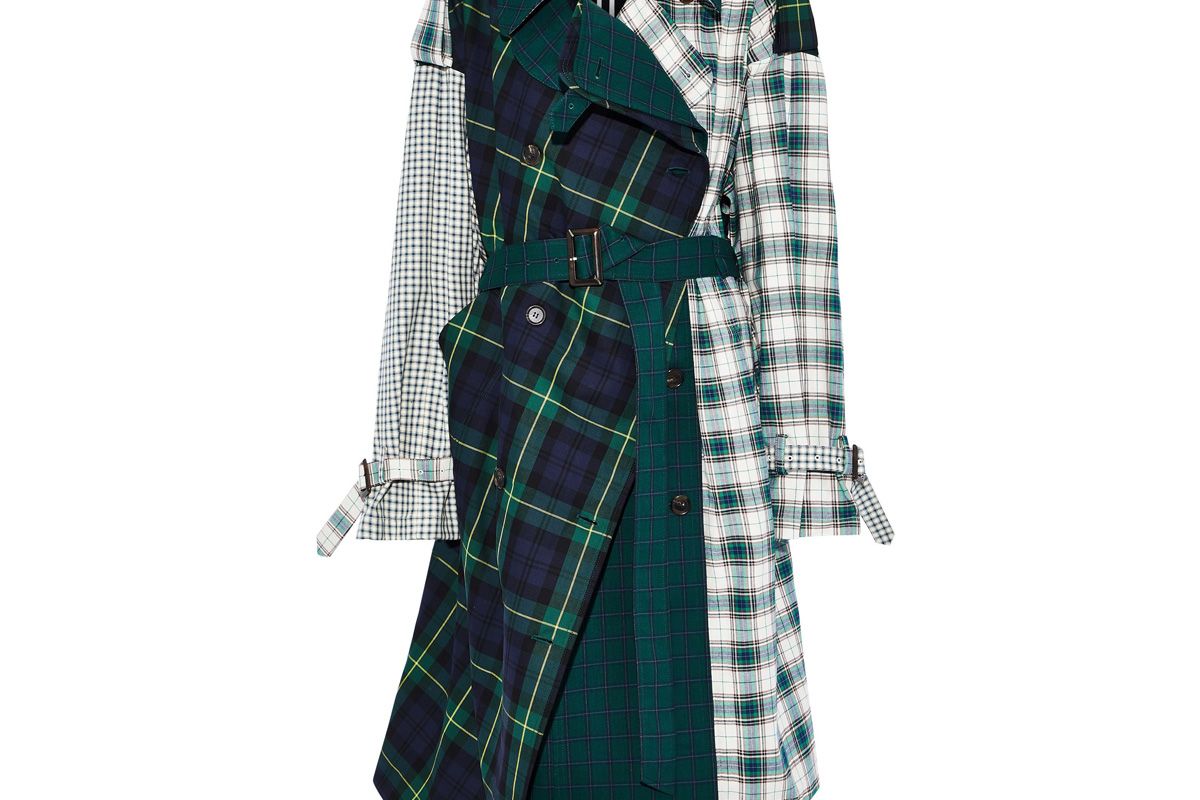 pushbutton asymmetric paneled checked cotton twill trench coat