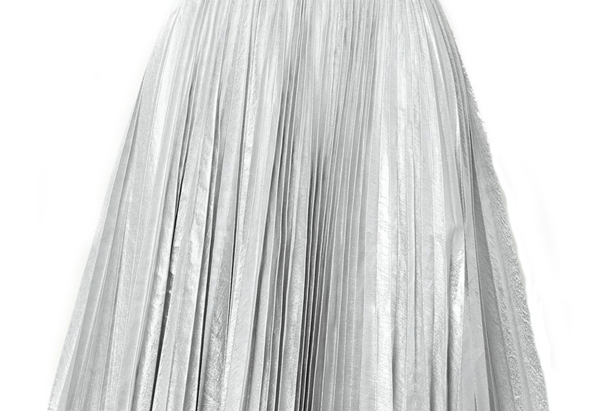 pushbutton pleated metallic coated twill skirt