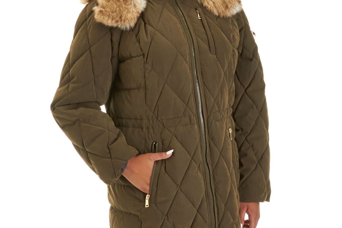 Plus Size Quilted Parka with Detachable Faux Fur Hood