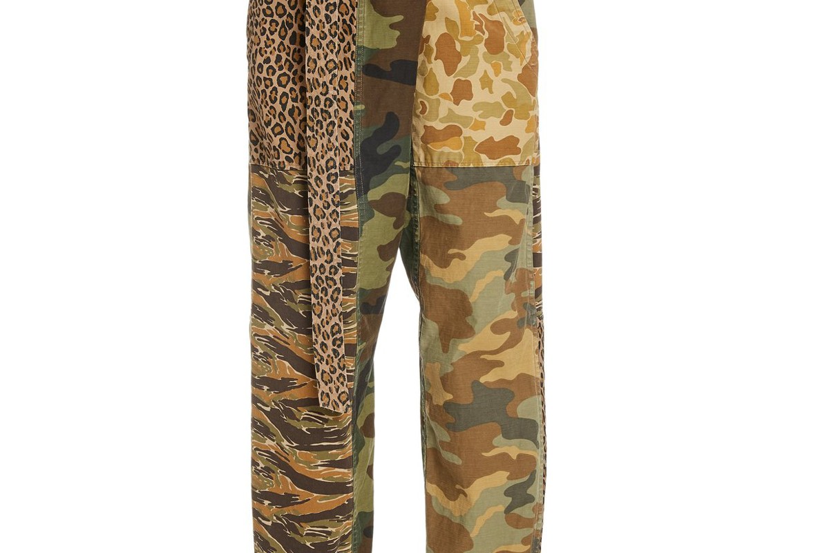 r13 belted patchwork cotton twill tapered pants