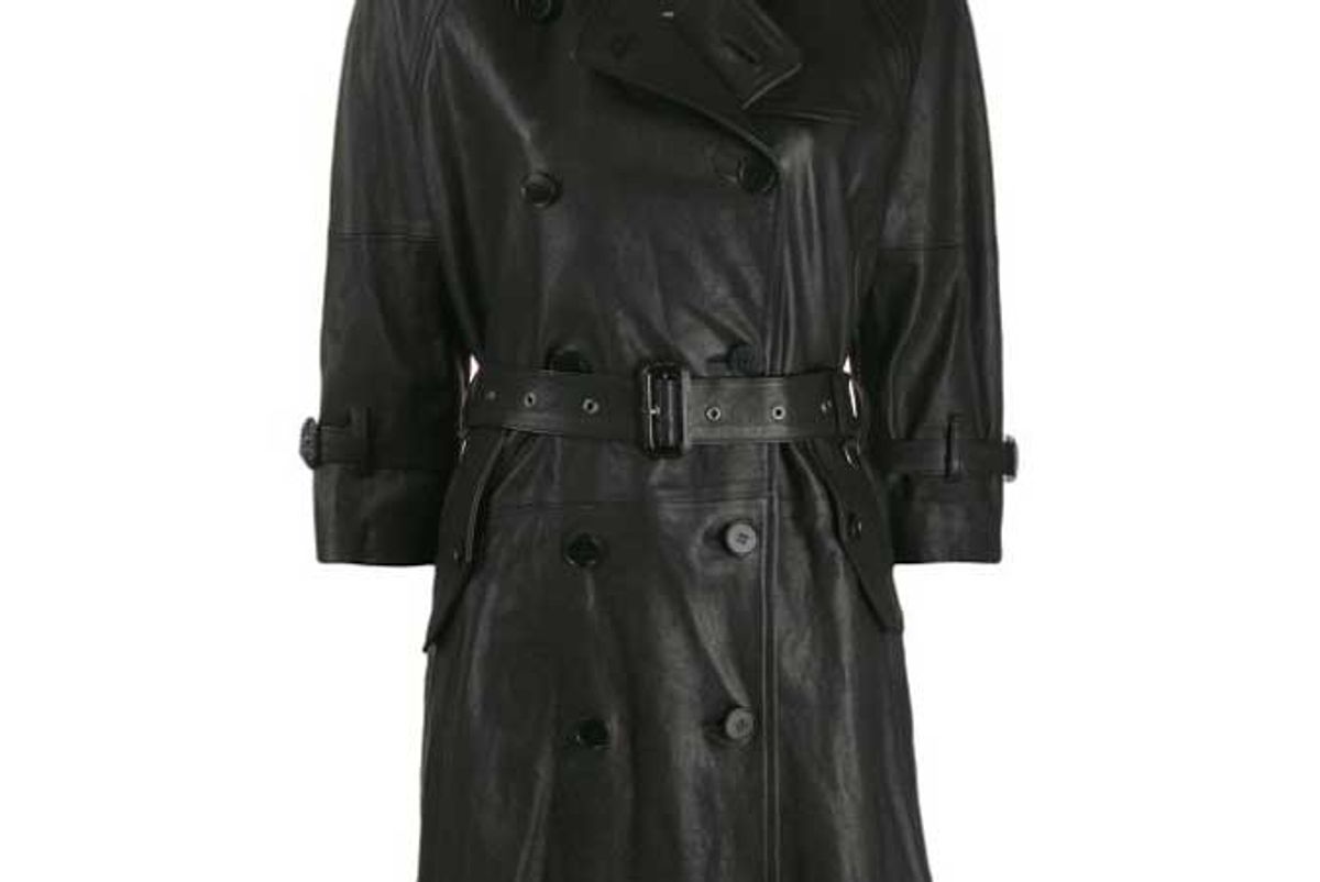 r13 black leather three quarter sleeve trench jacket