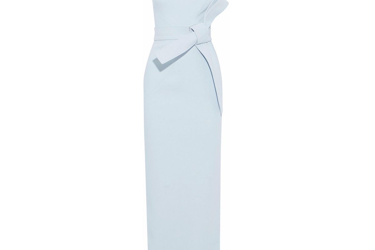 rachel gilbert sky blue juno one shoulder belted crepe gown