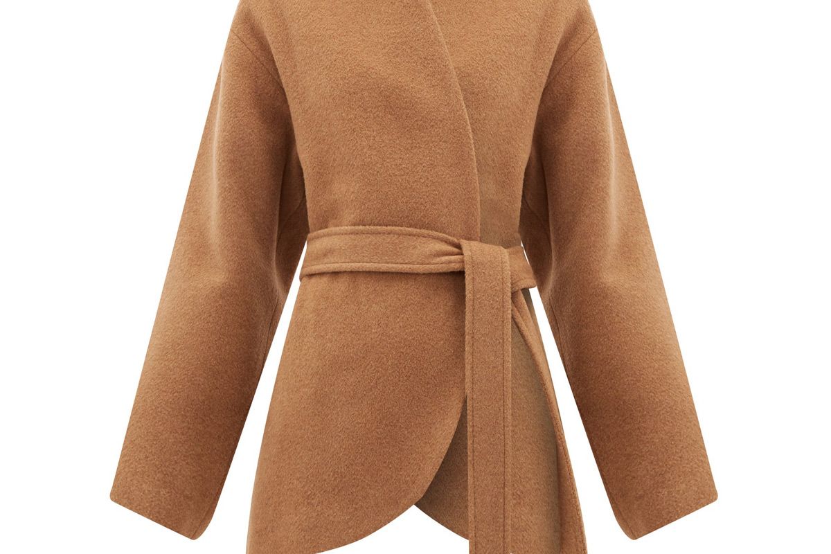 raey collarless belted camel hair coat