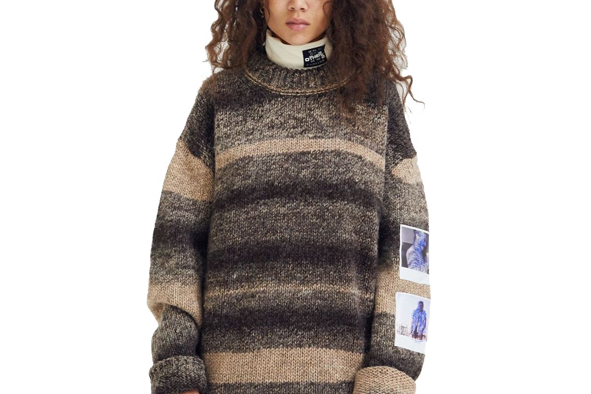 raf simons striped roundneck sweater with polaroid brown cream