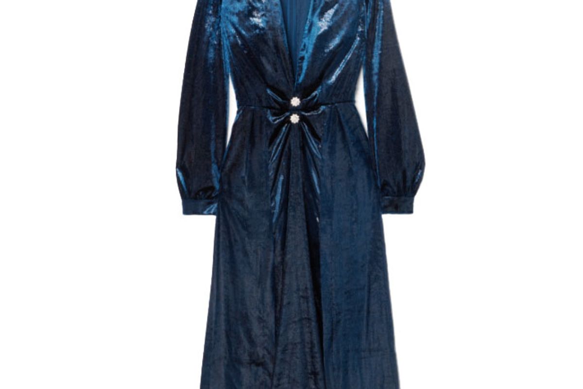 raquel diniz christy crystal embellished metallic velvet midi dress
