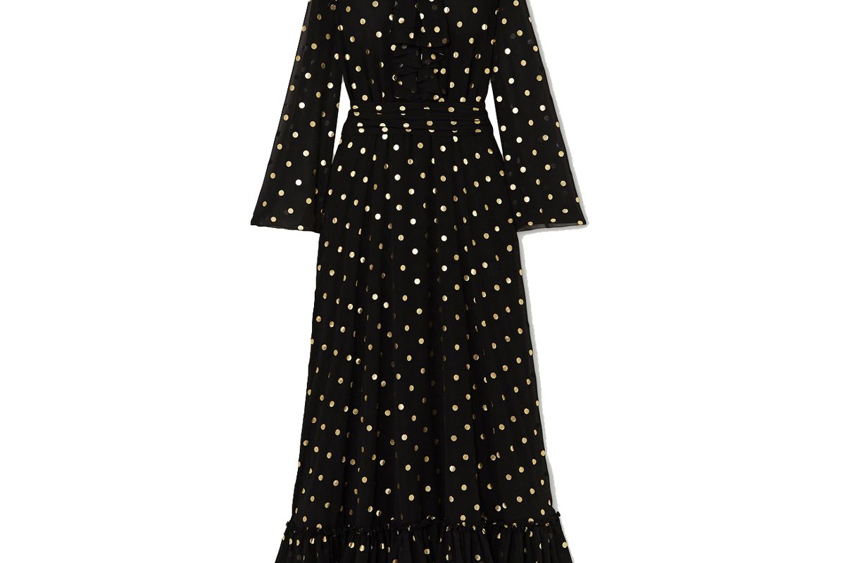 redemption pussy bow ruffled metallic polka dot chiffon gown
