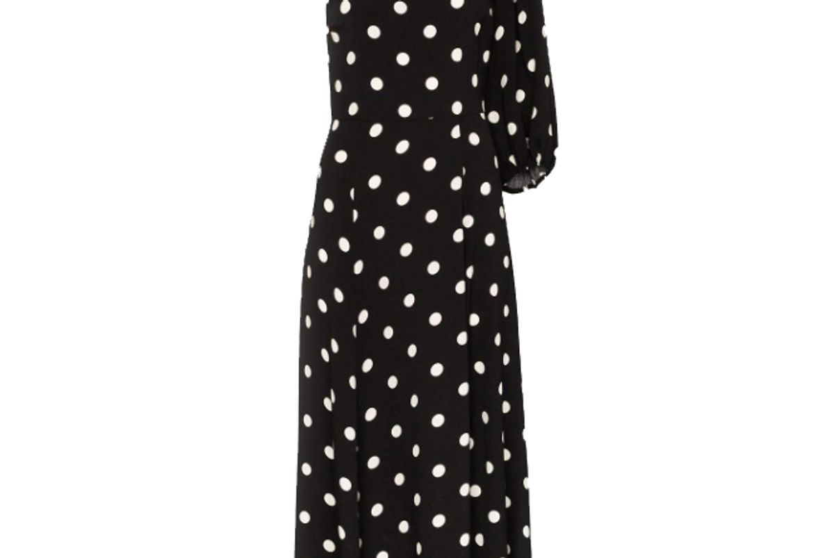 reformation lawrence one shoulder polka dot midi dress